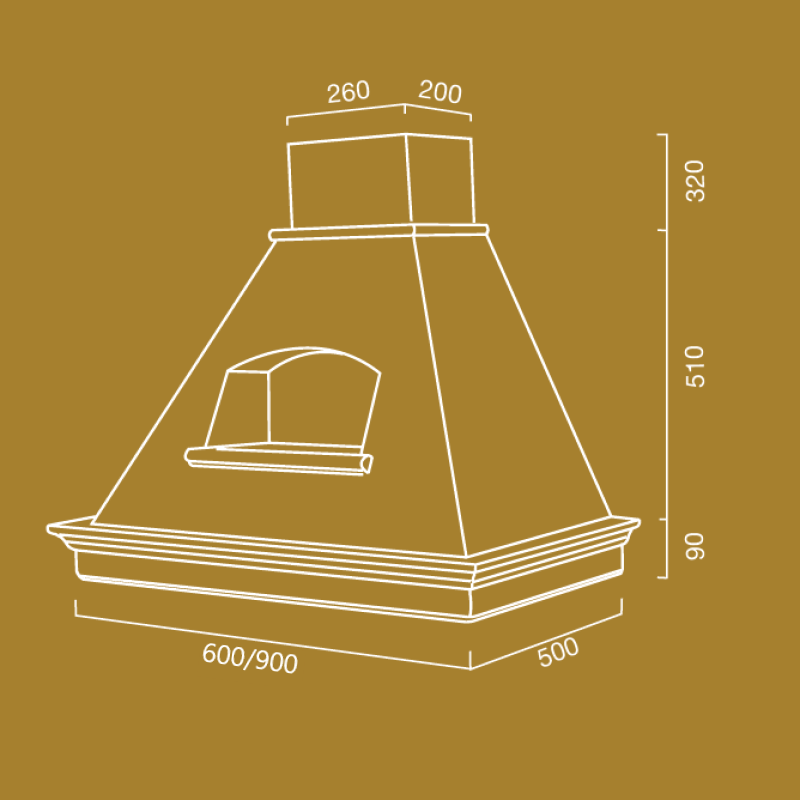Cappa MARY con nicchia, inox bianco, cornice legno tabacco, 60 cm