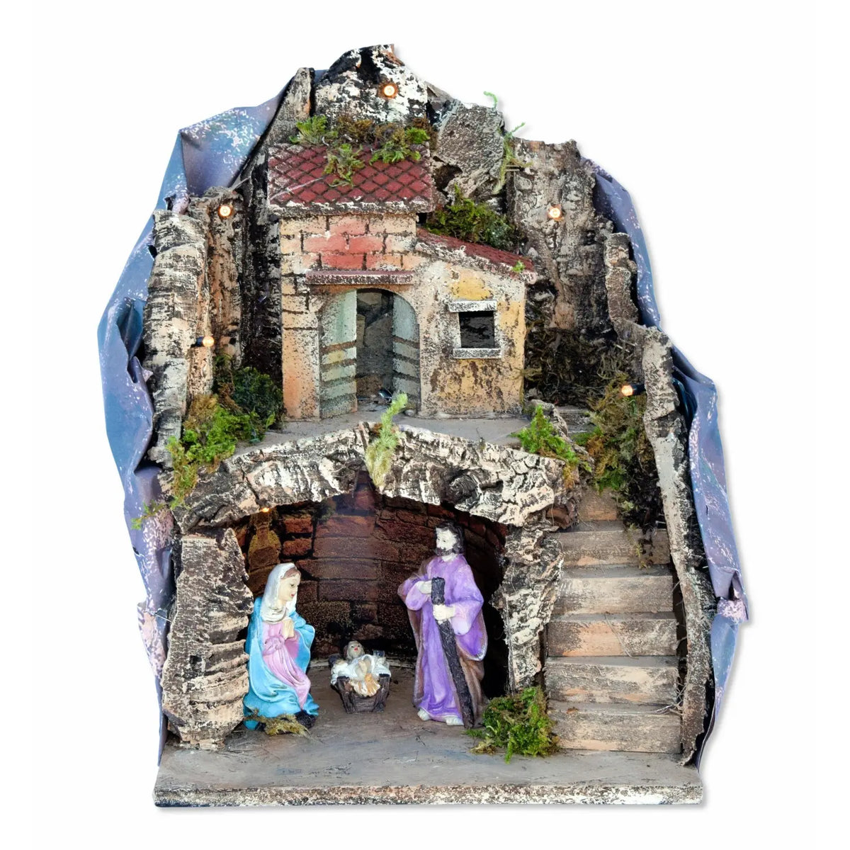 Presepe con luci e Natività H10 cm 26 × 19 × H34 cm