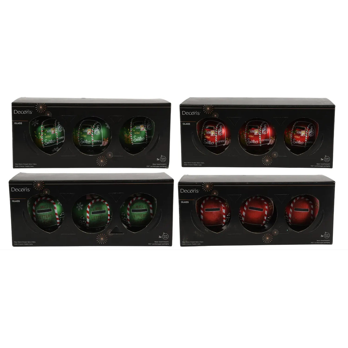 Box 3 palline di Natale in vetro opaco con decorazioni verdi e rosse Ø8 cm