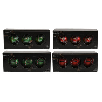 Box 3 palline di Natale in vetro opaco con decorazioni verdi e rosse Ø8 cm