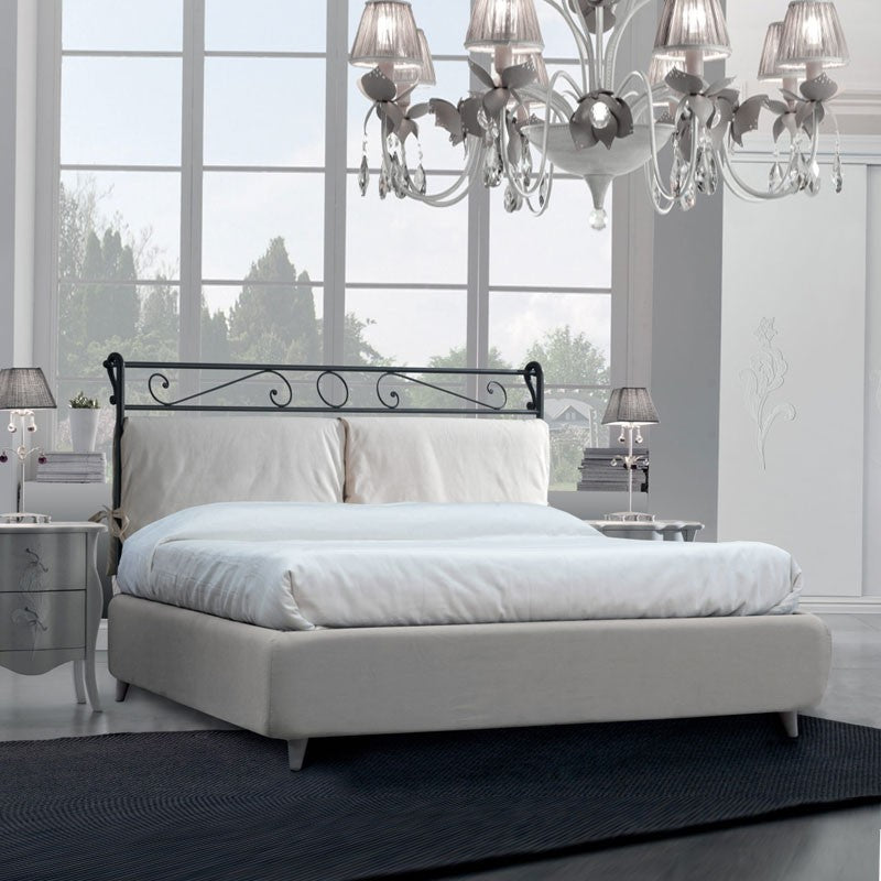Letto in ferro matrimoniale con giroletto in ecopelle Bianco LEONARDO 170x218x h118 cm