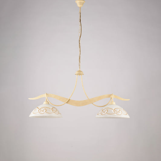 Lampadario avorio decapè, vetro bianco ambra, 2 luci, L.89x30 cm