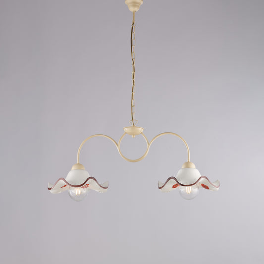 Lampadario avorio decapè, ceramica bianco marrone, 2 luci, L.81x30 cm