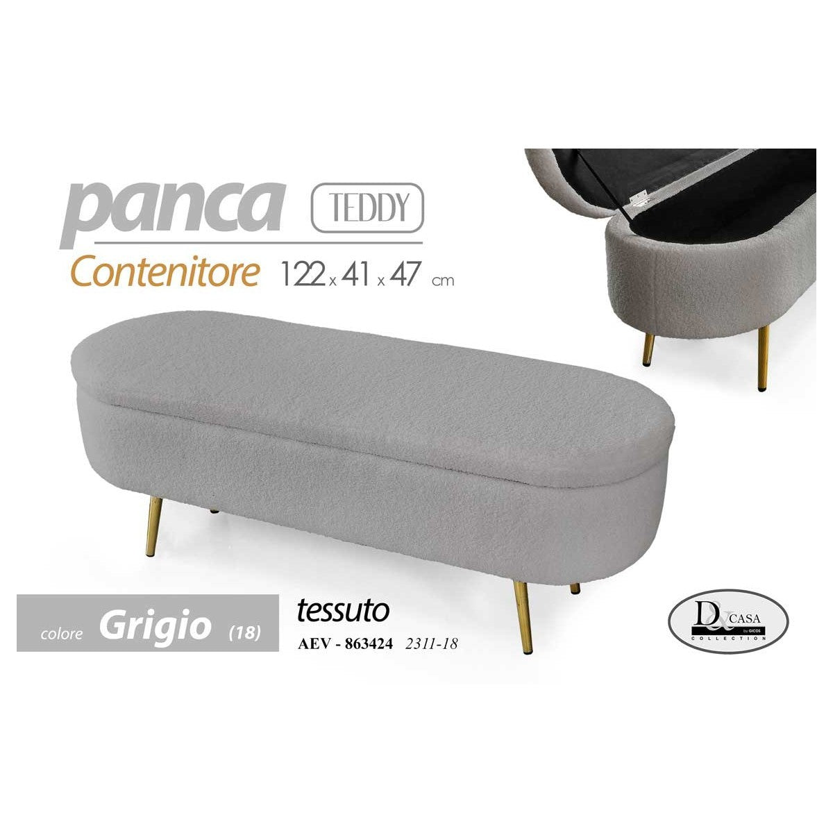 Panca contenitore teddy tessuto grigio cm  122x41x47 h