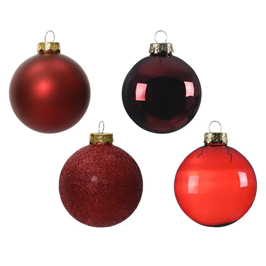 Box 42 palline di Natale in vetro rosso scuro lucide, opache e trasparenti Ø7 cm