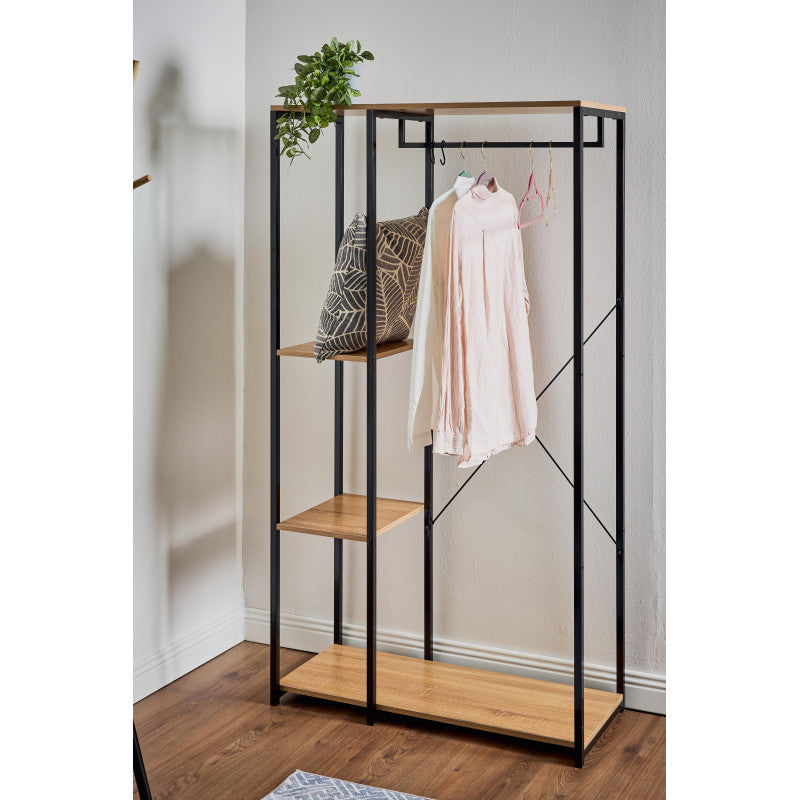 Porta abiti Hamilton con 3 ripiani in metallo nero e legno naturale cm 90×40×166,8