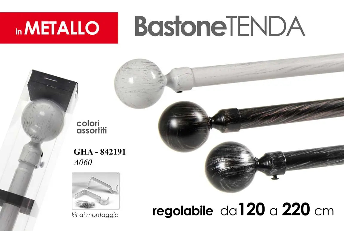 Bastone per tenda regolabile in metallo con terminali a sfera 120 - 220 cm - 1 pezzo assortito