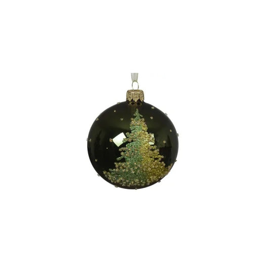 Pallina di Natale in vetro verde pino lucido sfumato con albero Ø8 cm