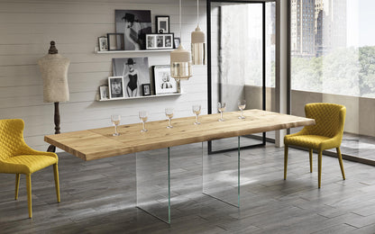 Tavolo allungabile in rovere impillacciato e gambe in vetro temperato 160/240x90x76h cm