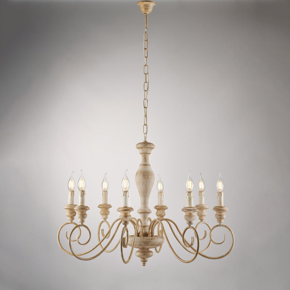 Lampadario in legno e ferro bianco e tortora 8 luci H.61 - MAX 121 - Ø82