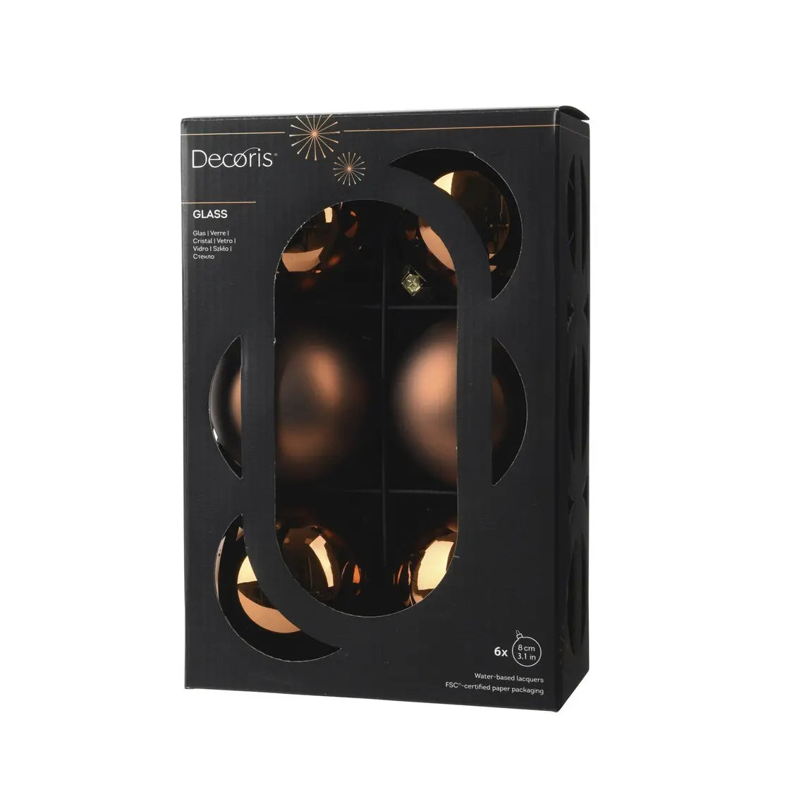 Box 6 palline di Natale in vetro marrone espresso lucide e opache Ø8 cm