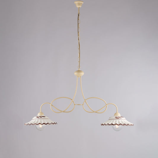 Lampadario avorio decapè, ceramica bianco marrone, 2 luci, L.98x30 cm
