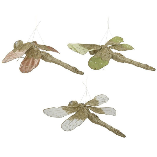 Libellula decorativa in poliestere con strass e glitter H13.5 cm 3 colori assortiti