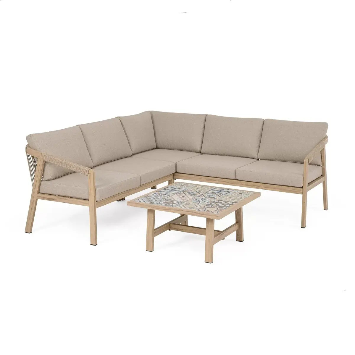 Bizzotto set salotto angolare Kalimera Desert in alluminio effetto legno con tavolino