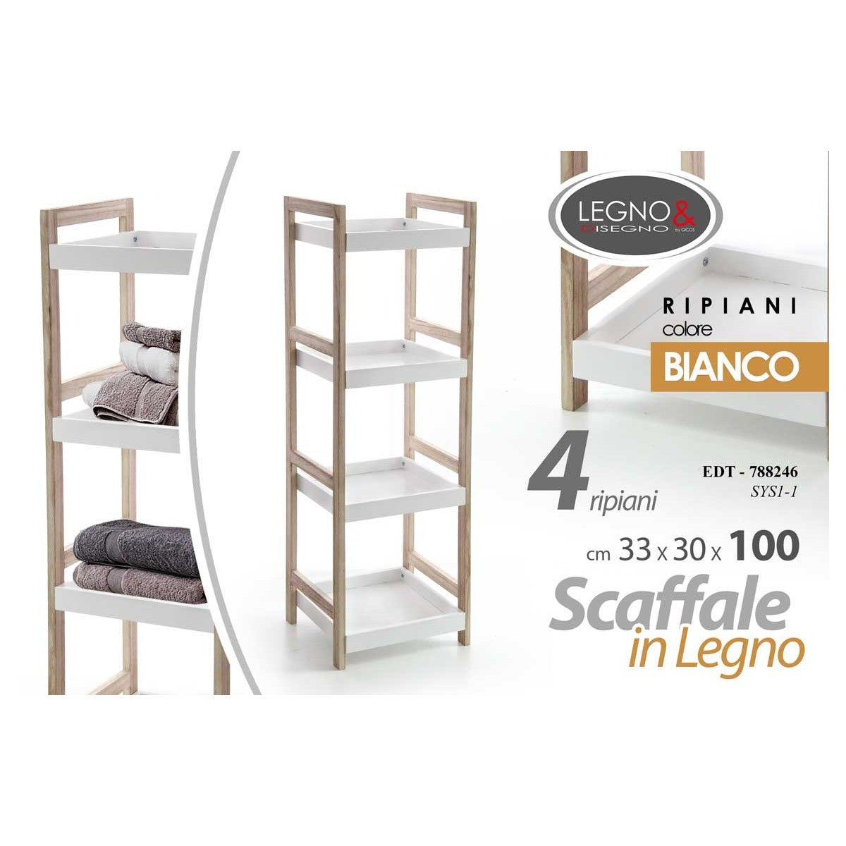 Scaffale 4 ripiani bianco cm 33.5x30x100 h