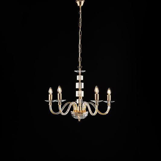 Lampadario in oro con vetro trasparente e strass 5 luci H.50 - MAX 110 - Ø60
