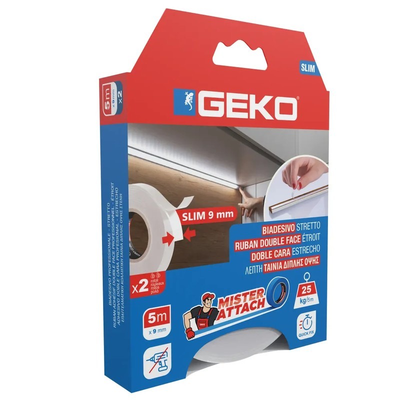 Nastro biadesivo slim 9 mm x 5 m acrilico bianco conf. 2 pezzi