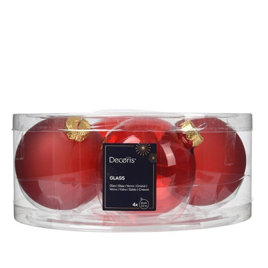 Set 4 palline di natale in vetro rosso Ø8 cm assortite