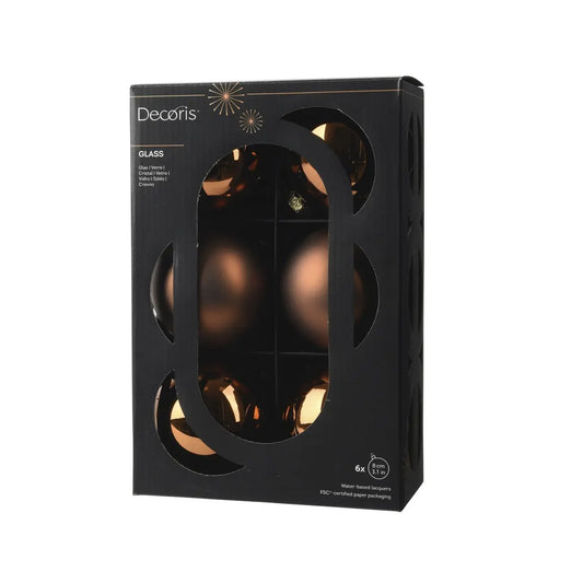 Box 6 palline di Natale in vetro marrone espresso lucide e opache Ø8 cm