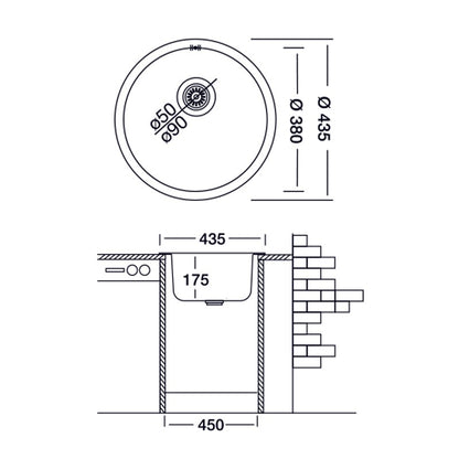 Lavello cucina a pozzetto in acciaio inox da incasso diam. 43.5 cm
