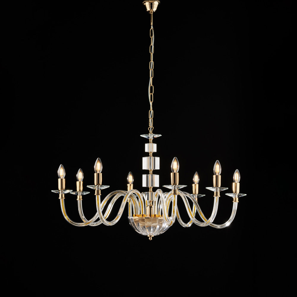 Lampadario oro con vetro, 8 luci – Cristallo sferico, Ø96 H.56-116
