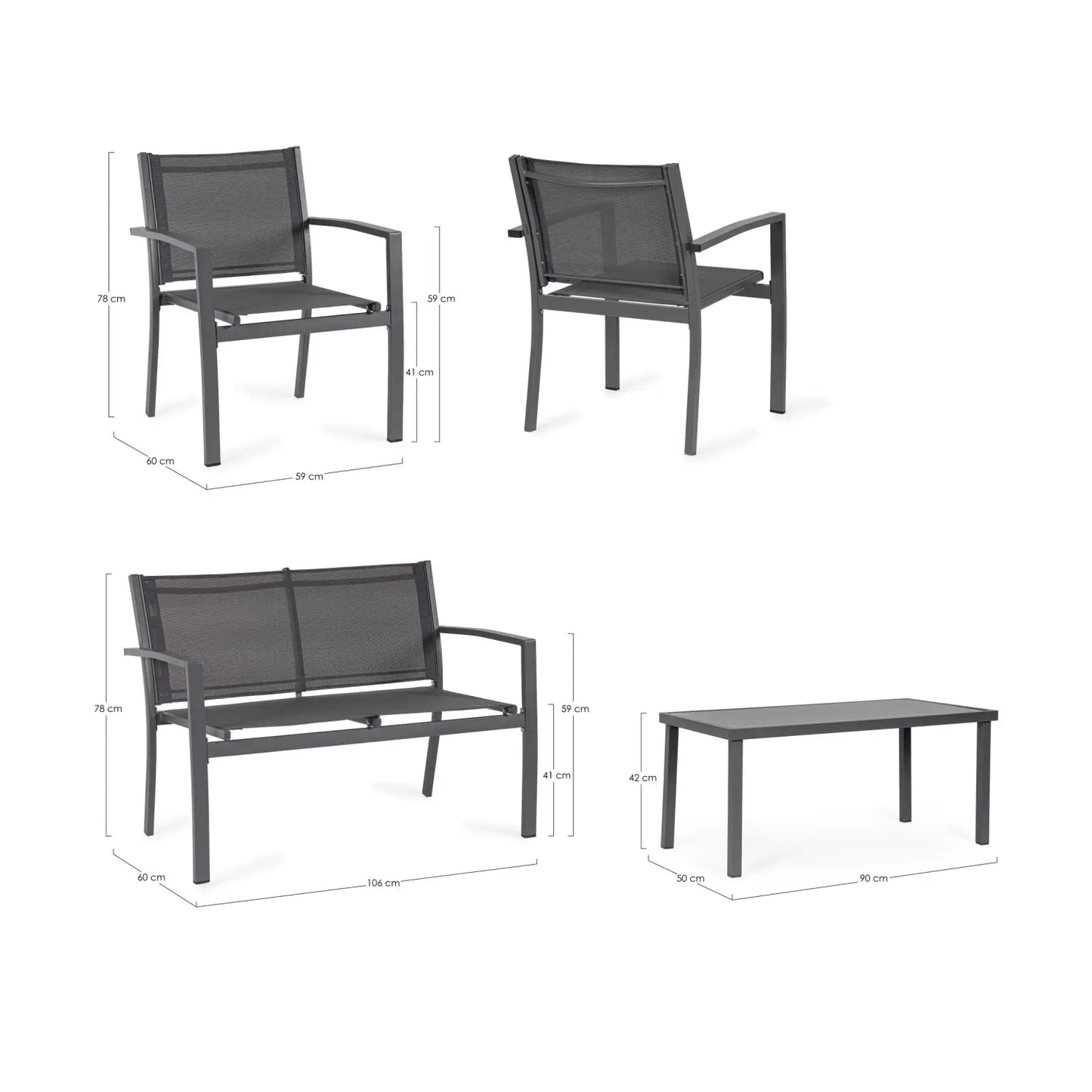Set salotto Florida 4 Posti antracite con tavolino in vetro temperato
