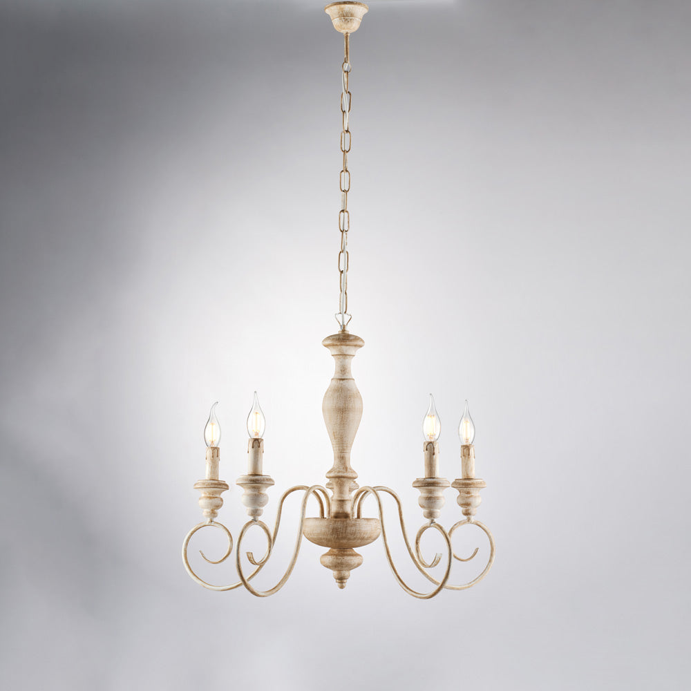 Lampadario in legno e ferro bianco e tortora 5 luci H.55 - MAX 115 - Ø60