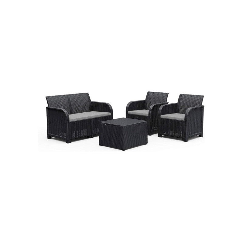 Set salotto Keter Rosalie effetto rattan antracite con divano, tavolino e due poltrone