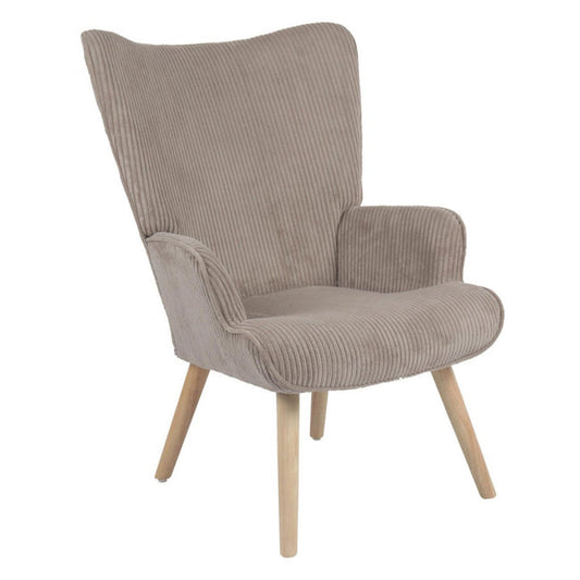 Poltrona Hilary in tessuto tortora con cambe in legno naturale cm 96x74x66