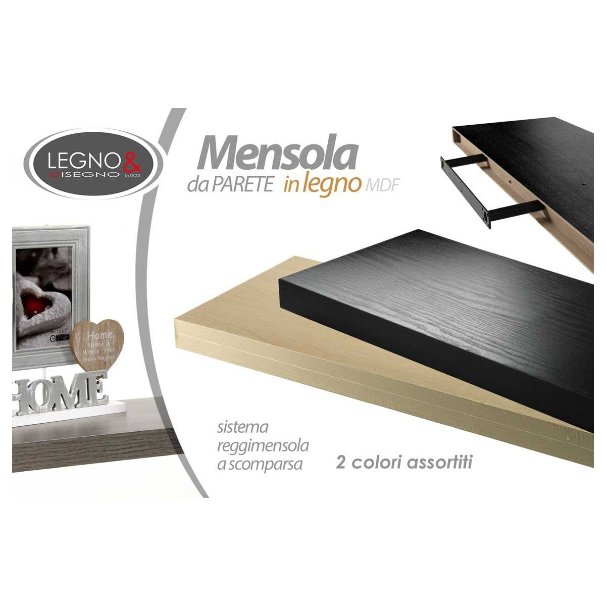 Mensola da parete in legno MDF con fissaggio a scomparsa 40x25 3,8 cm - 1 pezzo assortito