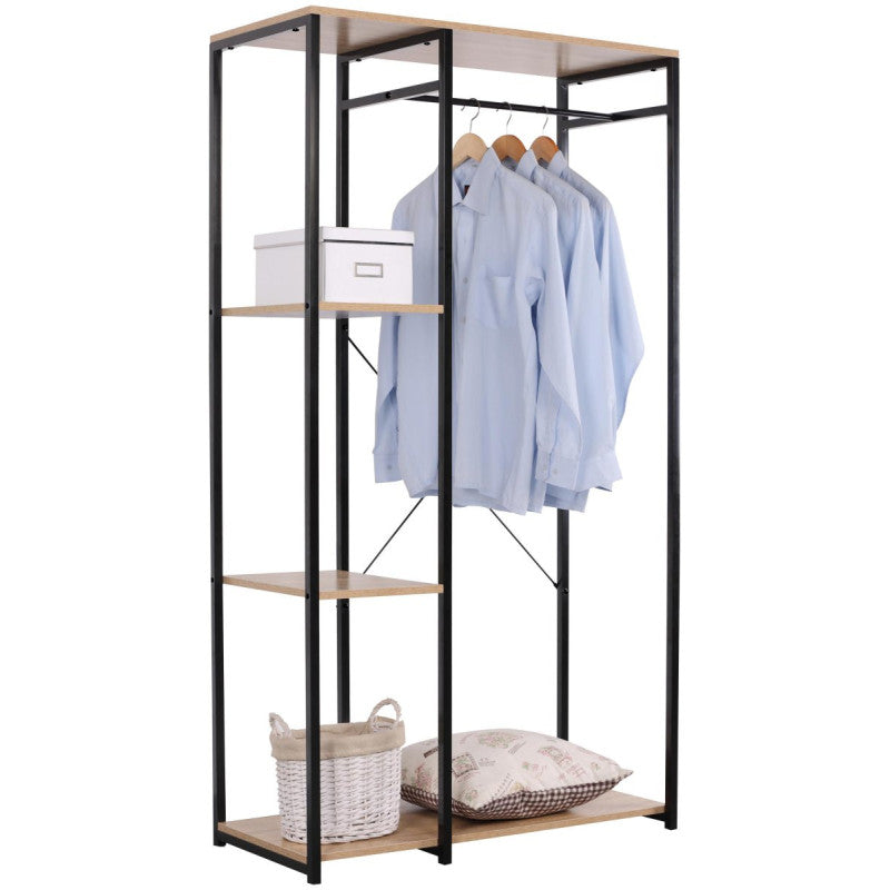 Porta abiti Hamilton con 3 ripiani in metallo nero e legno naturale cm 90×40×166,8