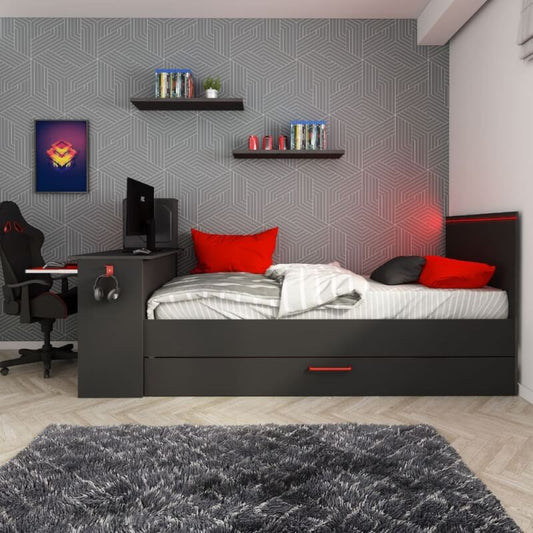 Cameretta 5040 con letto singolo con letto estraibile e scrivania incorporata colore antracite e rosso reversibile