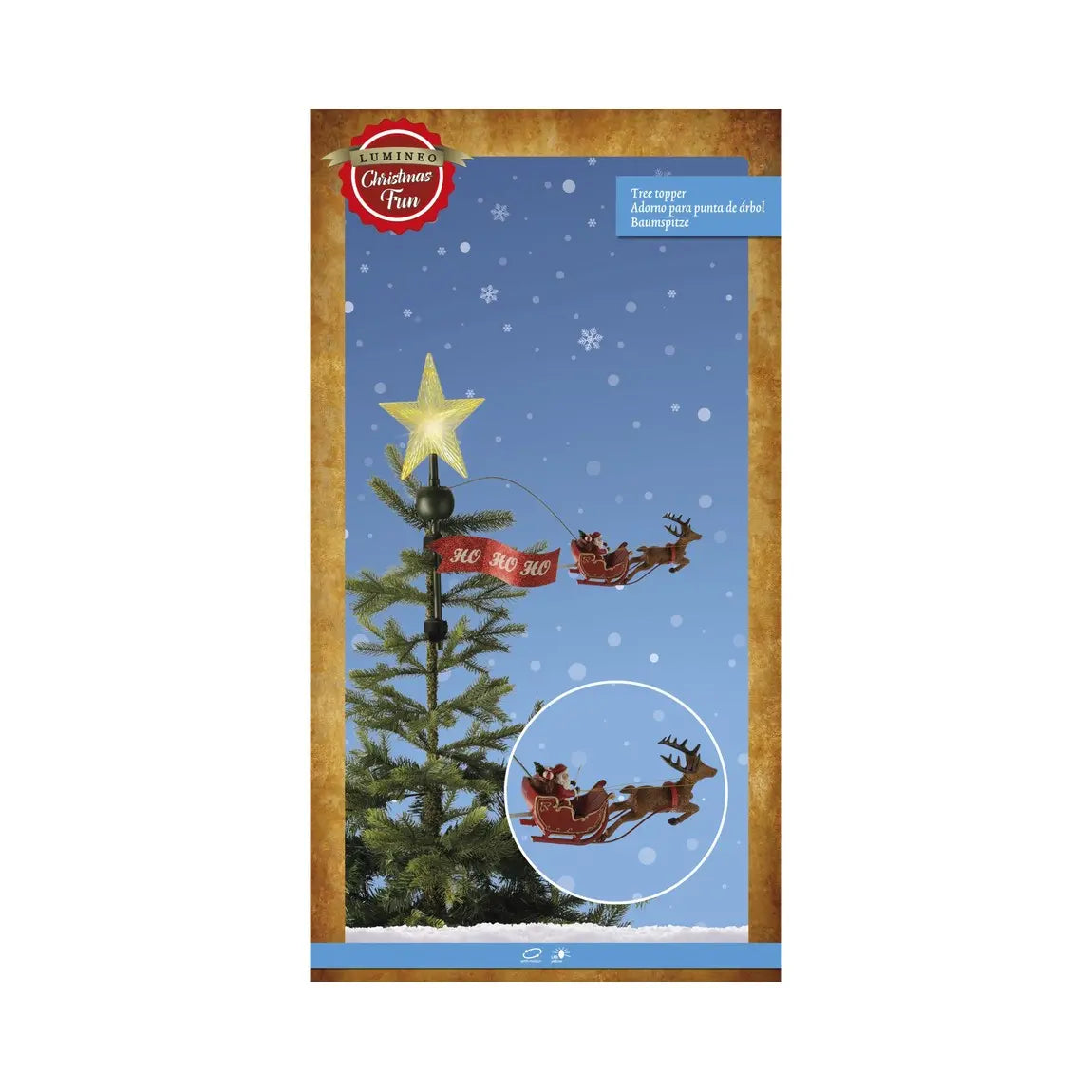 Puntale per albero di Natale con stella LED e Babbo Natale su slitta