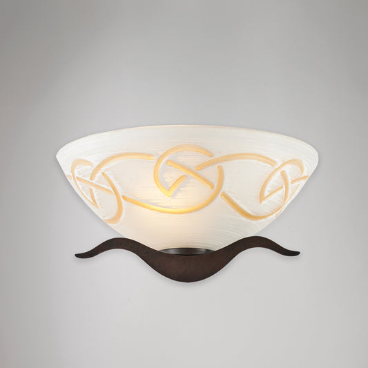 Applique in ferro laccato nero con decorazione effetto ruggine e diffusore in vetro diametro 30 bianco e ambra 1 luce H.15 - L.30 - P.15