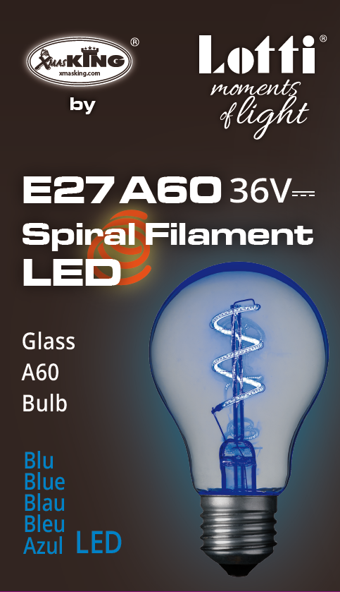 Lampada E27 36V goccia spirale Ø60mm Blu