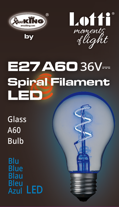 Lampada E27 36V goccia spirale Ø60mm Blu