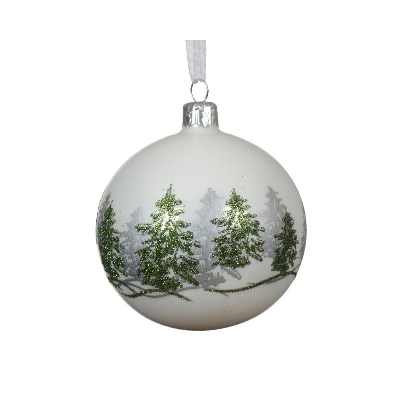 Pallina di Natale in vetro bianco con alberi verdi Ø8 cm
