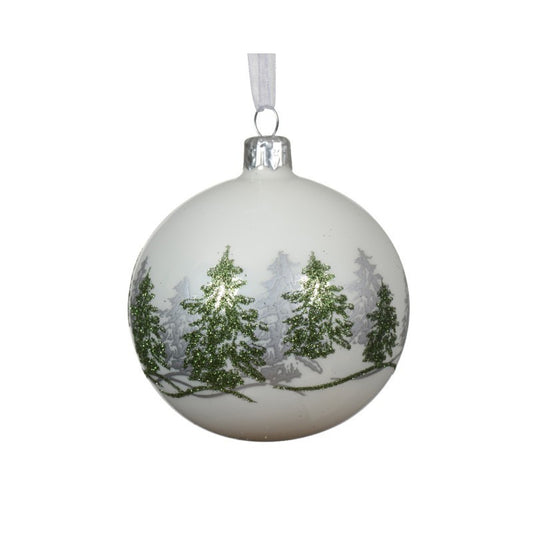 Pallina di Natale in vetro bianco con alberi verdi Ø8 cm