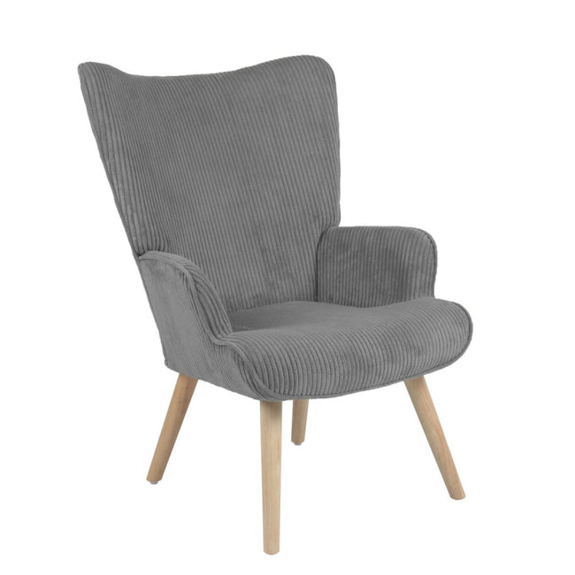 Poltrona Hilary in tessuto grigio con cambe in legno naturale cm 96x74x66