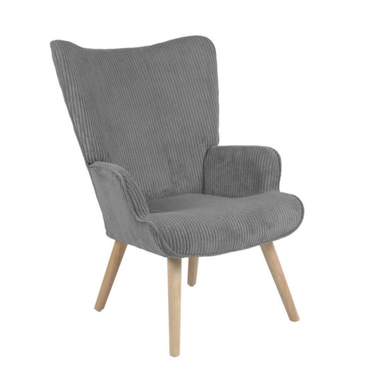 Poltrona Hilary in tessuto grigio con cambe in legno naturale cm 96x74x66