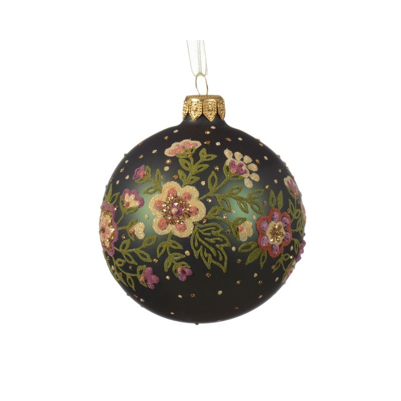 Pallina di Natale in vetro verde pino con fiori Ø8 cm