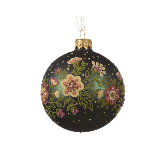 Pallina di Natale in vetro verde pino con fiori Ø8 cm