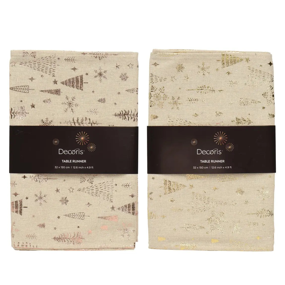 Runner da tavola beige con alberi, stelle e fiocchi 150 × 32 cm