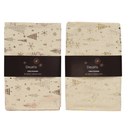 Runner da tavola beige con alberi, stelle e fiocchi 150 × 32 cm