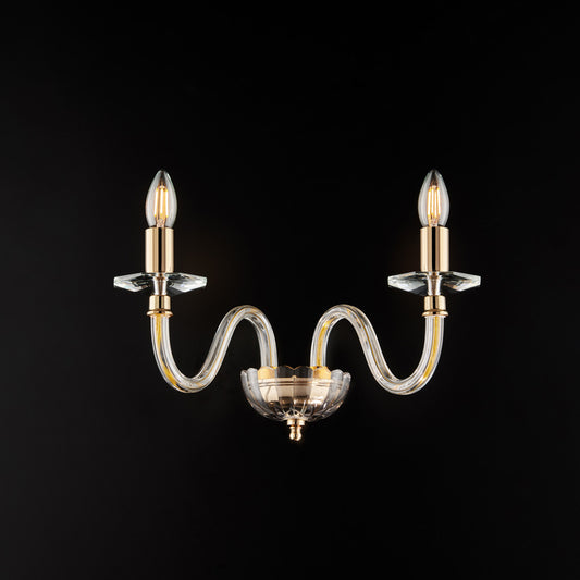Applique in ferro dorato con vetro trasparente 2 luci H.22 - L.39 - P.25