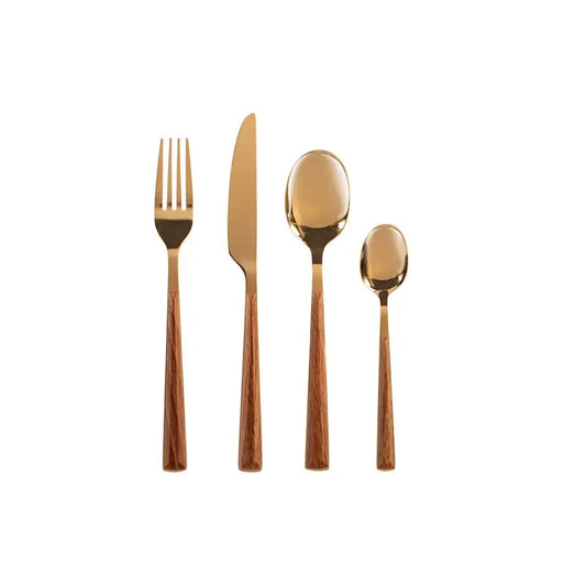 Servizio posate Sylva 24 pezzi in acciaio inox con manici in ABS. finitura oro lucido
Immergi la tua tavola in un'atmosfera da fiaba inca
