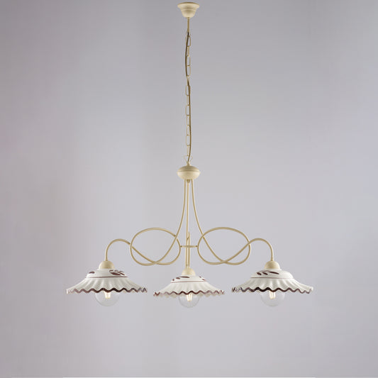 Lampadario avorio decapè, ceramica bianco marrone, 3 luci, Ø80 cm