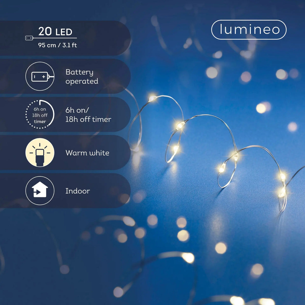 Catena micro LED a batteria filo argento luce bianco caldo 95 cm da interno