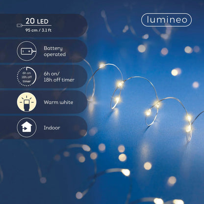 Catena micro LED a batteria filo argento luce bianco caldo 95 cm da interno