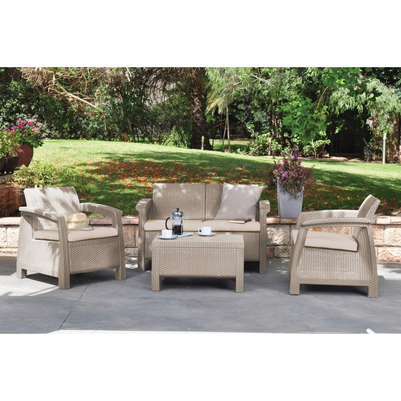 Keter set lounge Coufù da giardino in rattan cappuccino con divano, 2 poltrone e tavolino